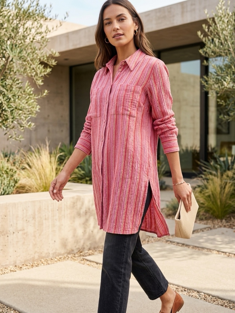 Soft Surroundings Kriya Cotton Tunic M Red Stripe‎ Button Up Roll Sleeve